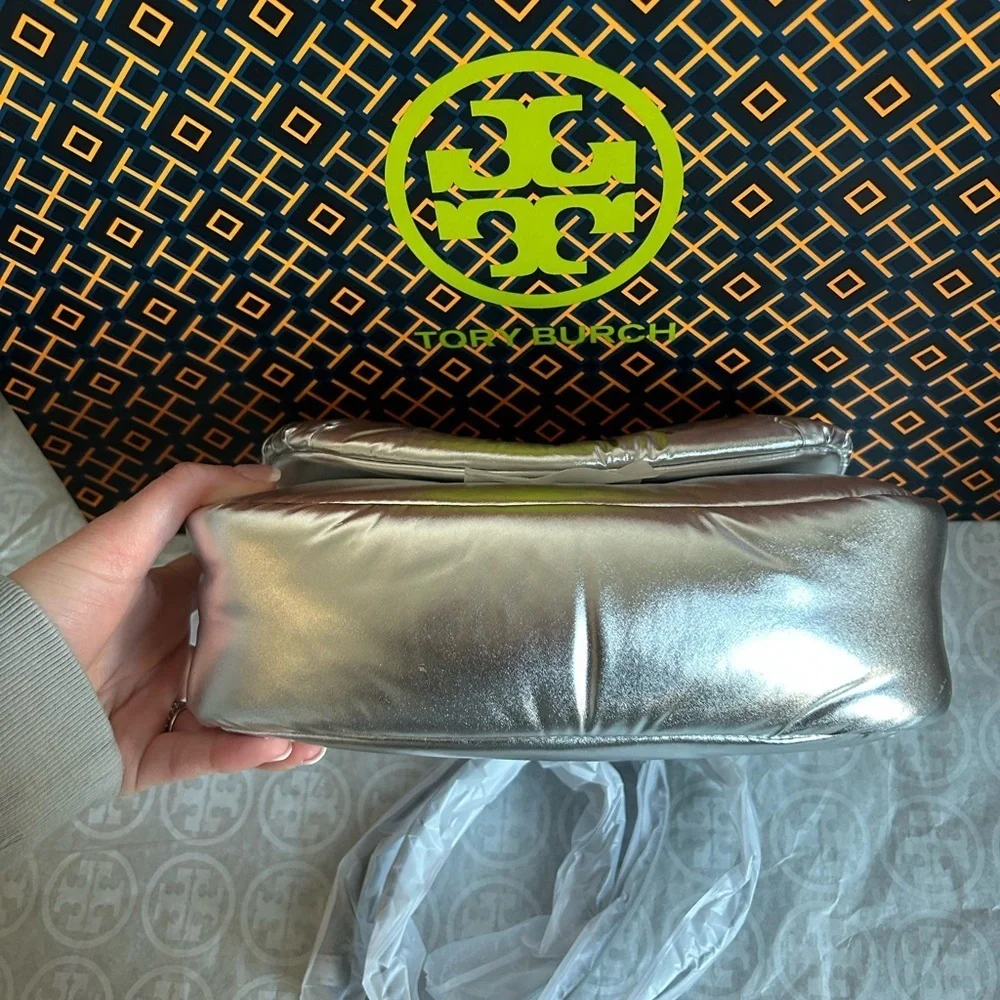 Tory Burch Britten Metallic Puffy Convertible Crossbody Bag Silver